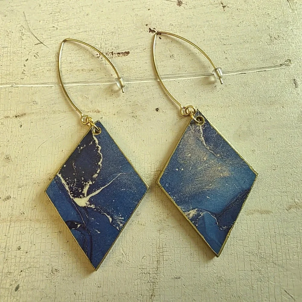 Handmade Abstract Wood Statement Earrings OOAK Ocean Blue Gold Metallic Dangles